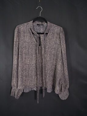 Aakaa Cracked-Print Tie-Neck Blouse in Gray